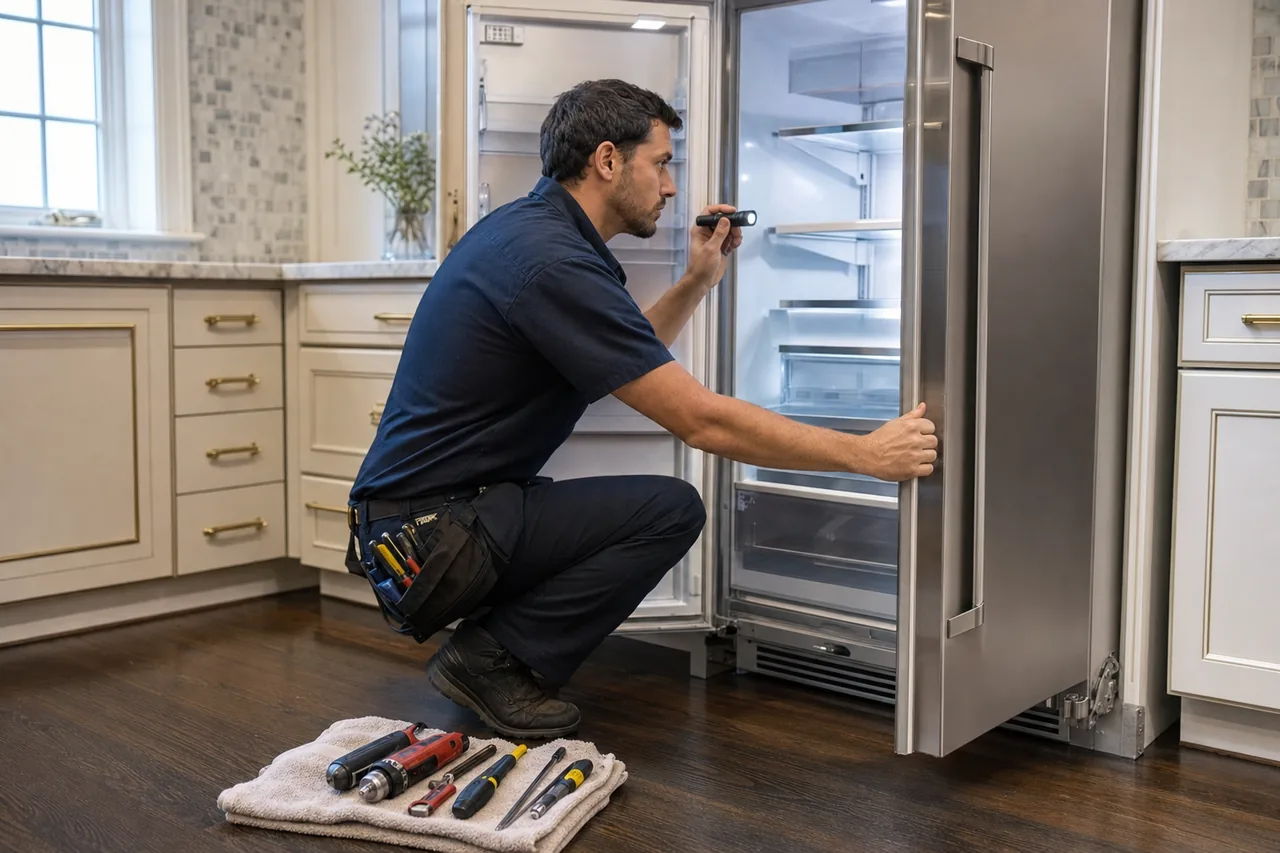 Technician repairing a built-in refrigerator up close