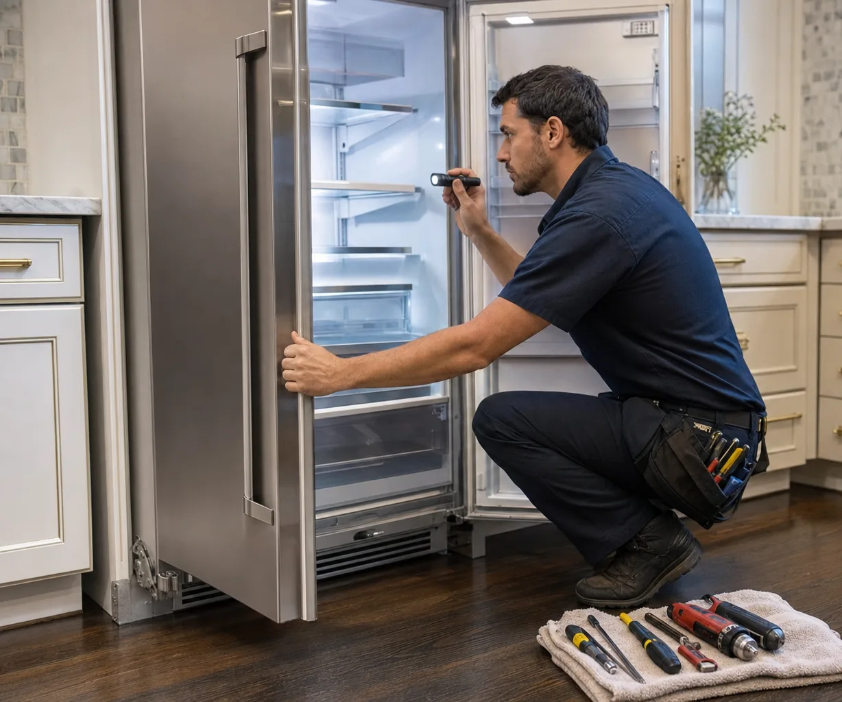 Technician repairing a built-in refrigerator up close