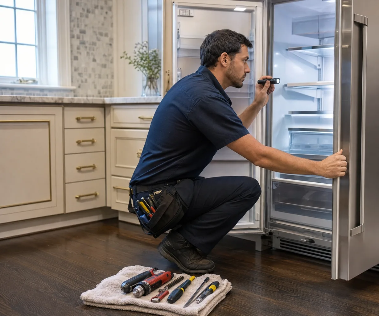 Technician repairing a built-in refrigerator mid-repair