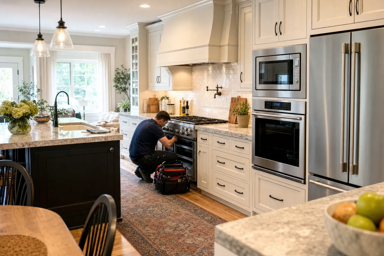 A luxury kitchen with built-in stainless appliances mid-repair