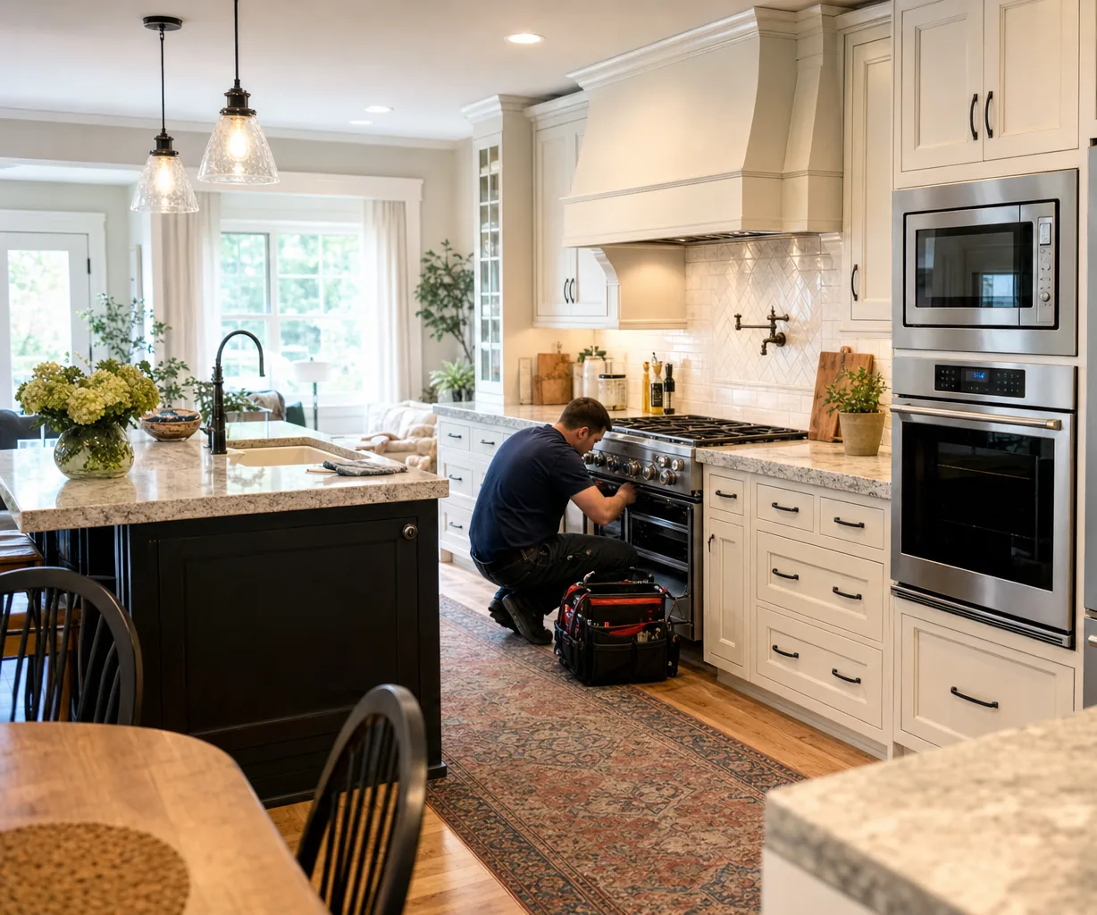 A luxury kitchen with built-in stainless appliances in a Norwalk kitchen