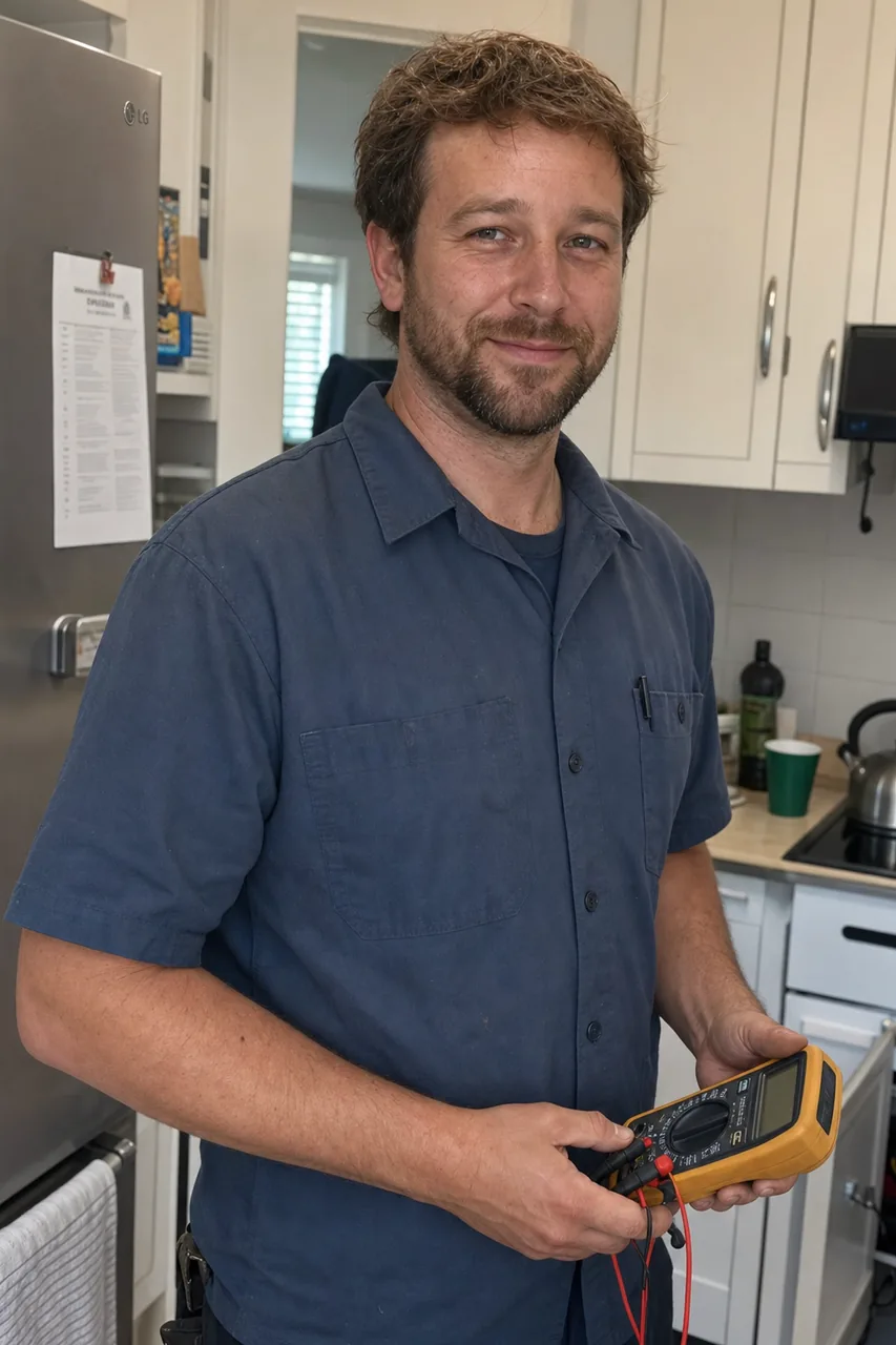 A Viking repair technician in a Norwalk kitchen holding a multimeter